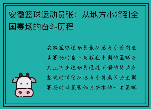 安徽篮球运动员张：从地方小将到全国赛场的奋斗历程